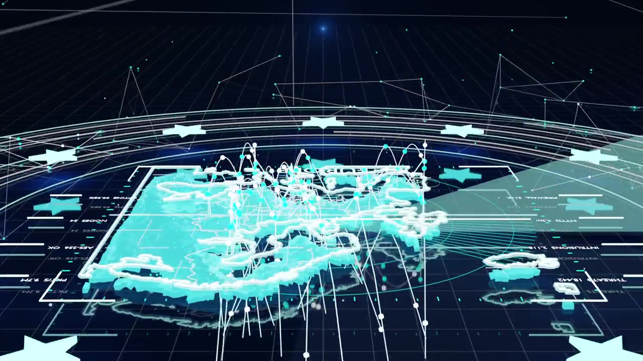 Animating cyan holographic 3D map of Europe after data feed start, pulsing nodes and arced trails