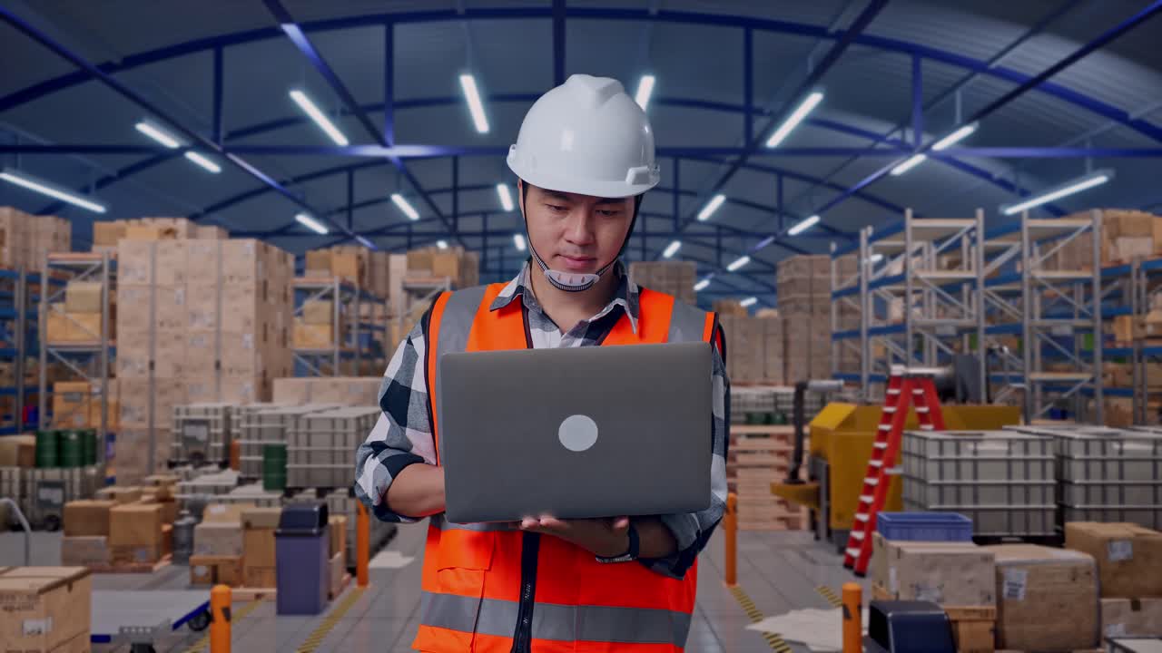 Ingegnere asiatico con casco di sicurezza che lavora su un laptop in piedi in un ampio magazzino con file di scaffalature.