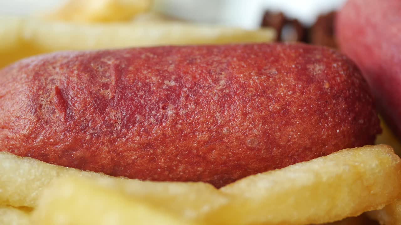 Plano Detalhe de Linguiça Frita e Batatas Fritas Douradas
