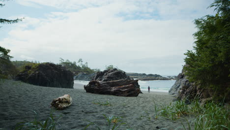 person looks out over the ocean from secluded rocky beach - right pan