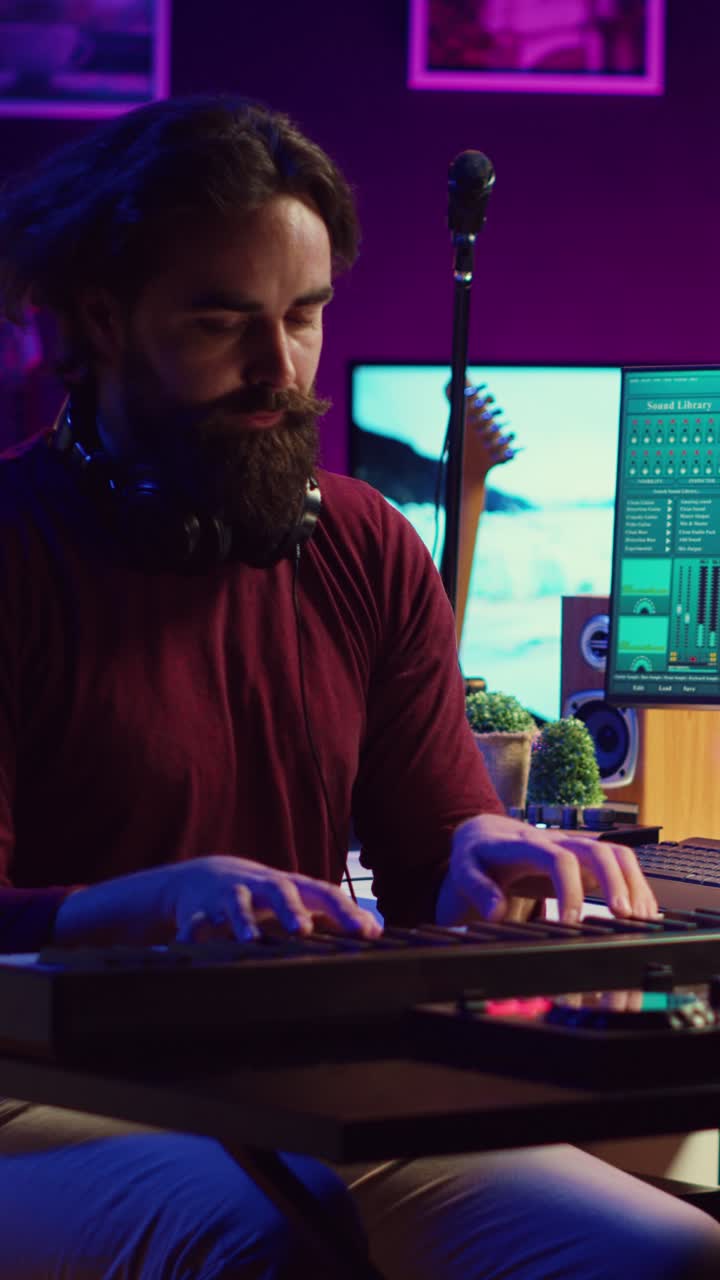 Male Music Producer Composing on MIDI Keyboard in Home Studio