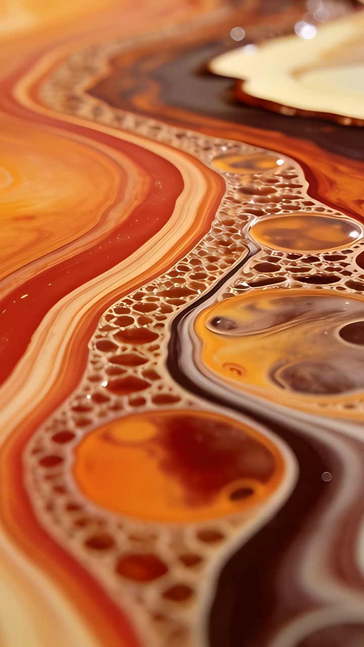 Vertical video: Panning camera revealing layered paint on studio table, amber cells, foam lattice