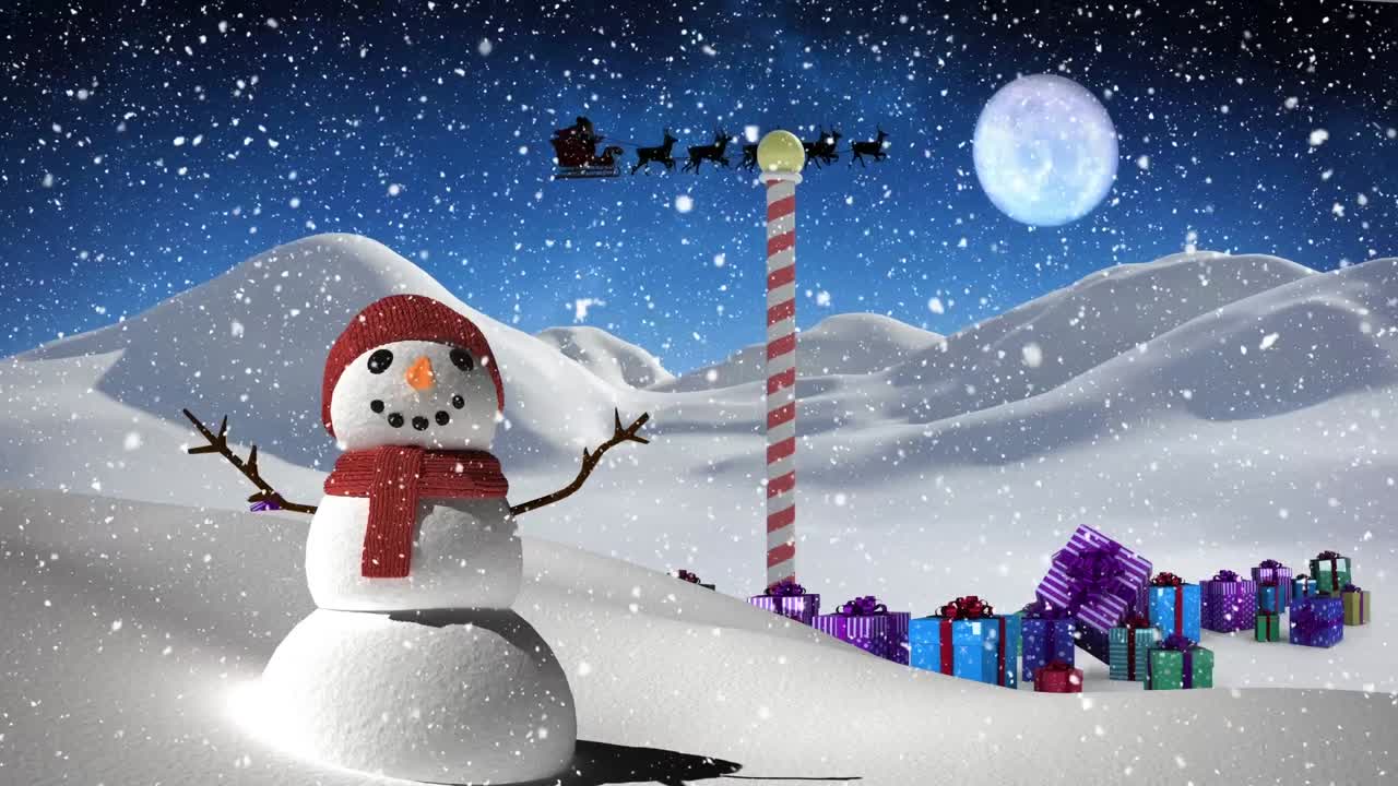 animación de nieve cayendo sobre el muñeco de nieve en el paisaje de invierno