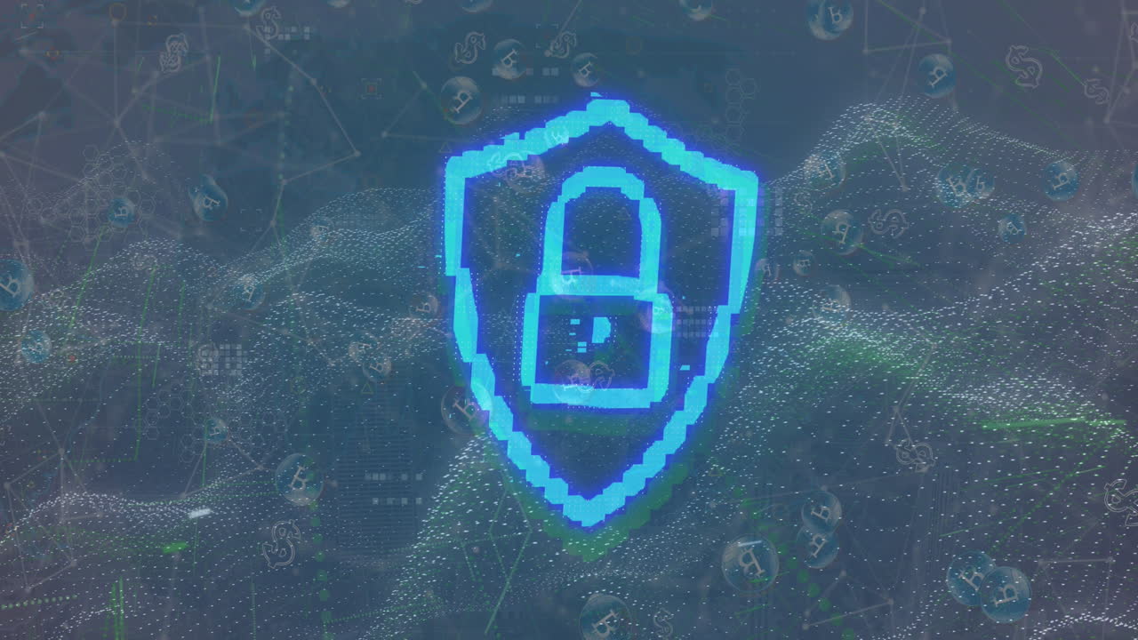 animación del icono de candado de seguridad de neón y ondas digitales contra un fondo azul