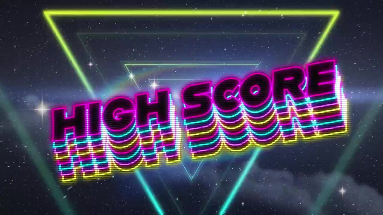 Animation af high score-tekster over trekantet tunnel mod lysglimt i rummet i baggrunden