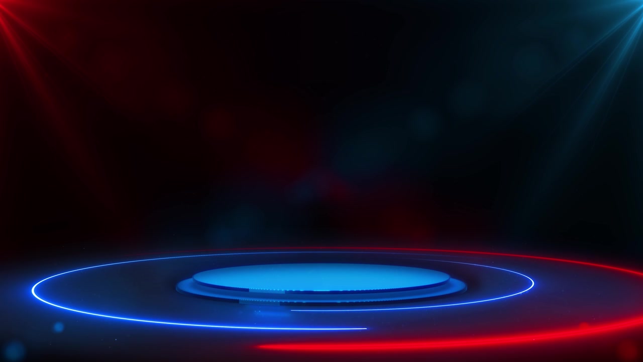 Neon eventpodium platform visuel med røde og blå lysringe, filmisk mørkt rum og blød scene.