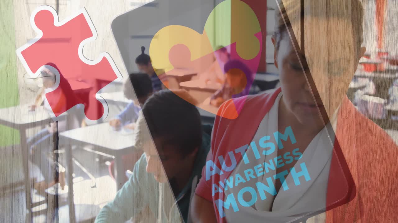 animación del texto del mes de concienciación sobre el autismo en diversos escolares y maestros que usan tabletas