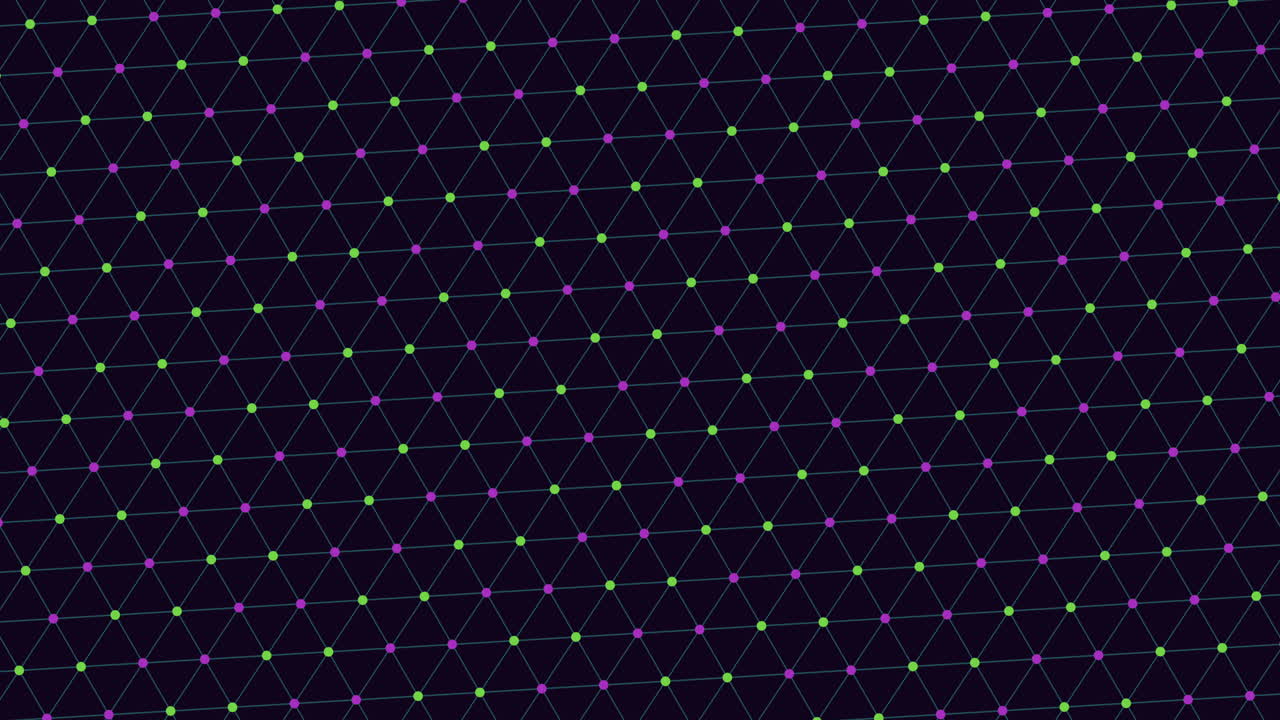 Animated abstract technology background with repeating geometric mesh, glowing green and purple nodes, and connecting lines, ideal for data, AI, and digital network themes