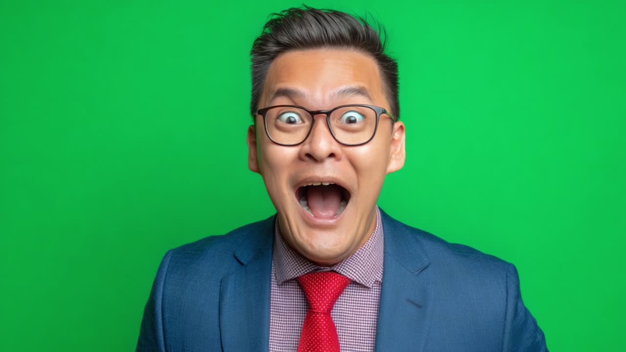 Un uomo sorpreso trasforma la sua espressione dallo shock al disagio su uno sfondo verde brillante, catturando un viaggio emotivo unico in due fotogrammi.