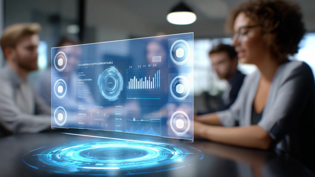 Team Collaboration Enhanced by Futuristic Digital Interface Featuring Data Visualization and Geographic Mapping in a Modern Workplace Setting