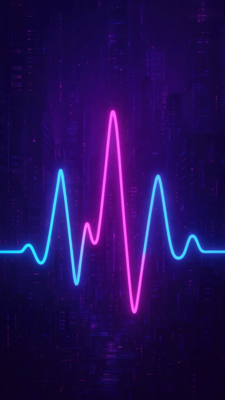Neon pulse line in pink and blue on a dark cityscape background