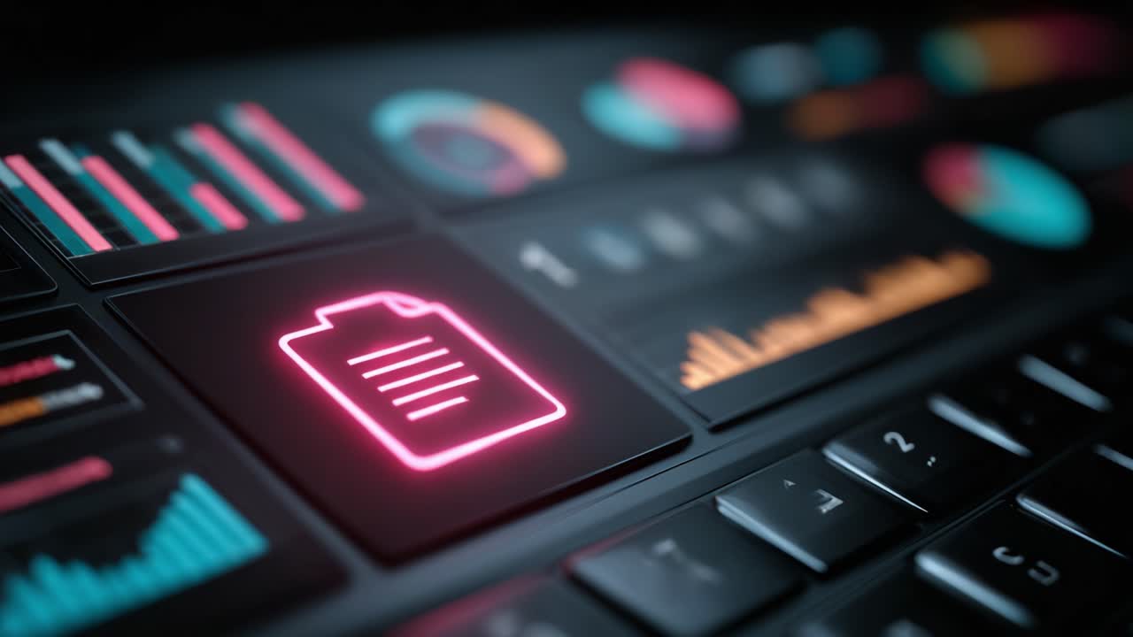 A Close-Up Perspective of a High-Tech Keyboard Featuring a Prominent Document Icon Illuminated in Neon Pink, Surrounded by Graphical Data Visualizations