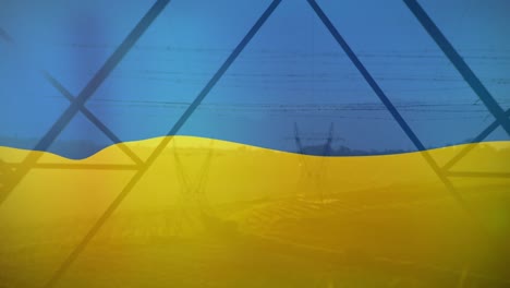 Animation-Der-Flagge-Der-Ukraine-über-Feld--Und-Strommasten