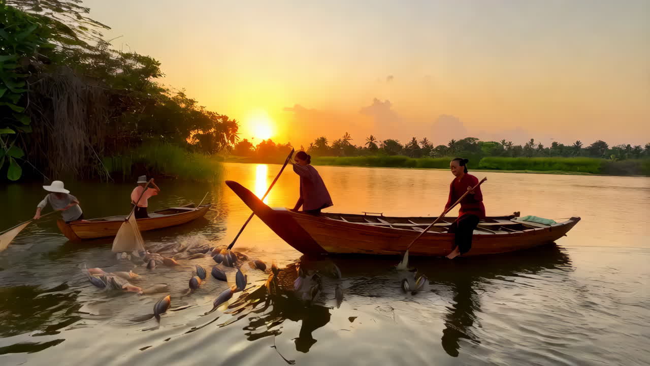 Sunrise Fishing Scene in Asia