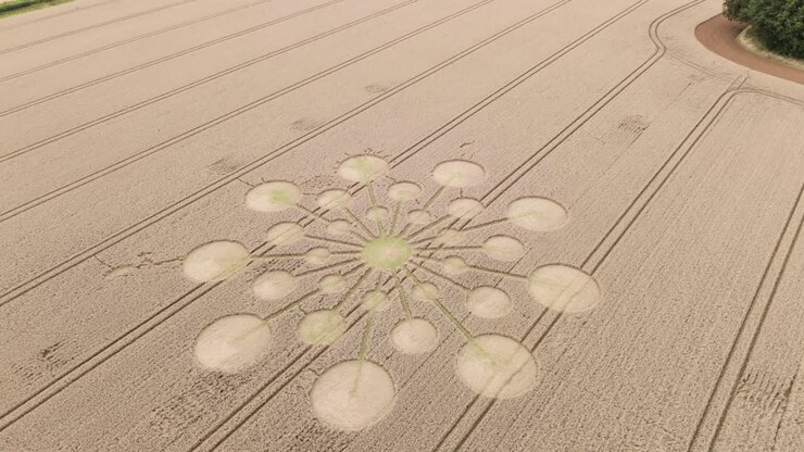 Drone dolly tilt-down over enigmatic crop circle in English countryside