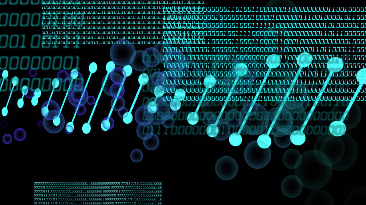 Animation of dna strand with bubbles over data processing on black background