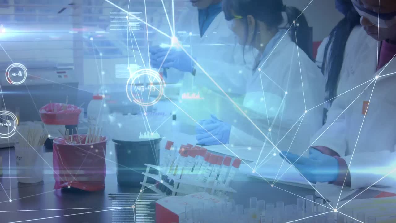 animación de la red de conexiones entre diversos científicos que hablan en el laboratorio