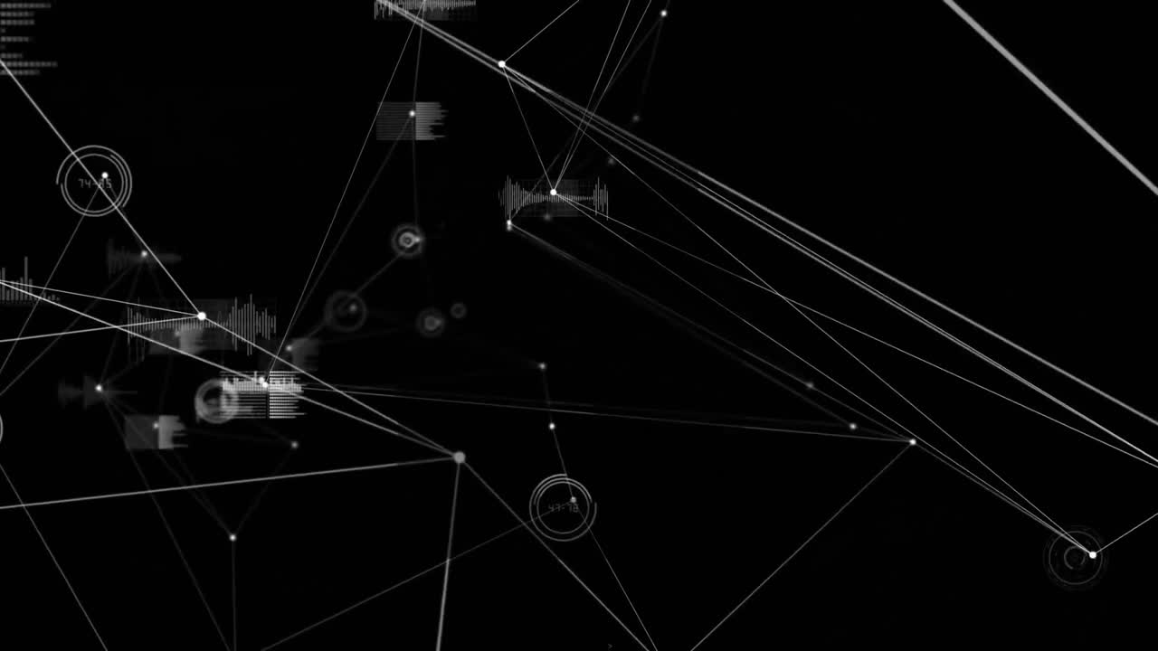Digital animation of network of connections and data processing against black background