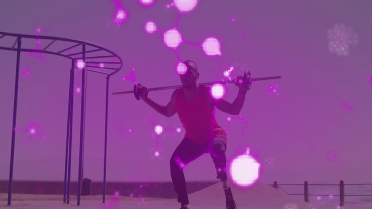 Animazione di reti di comunicazione rosa su un atleta maschio con protesi da corsa che si allena all'aperto.