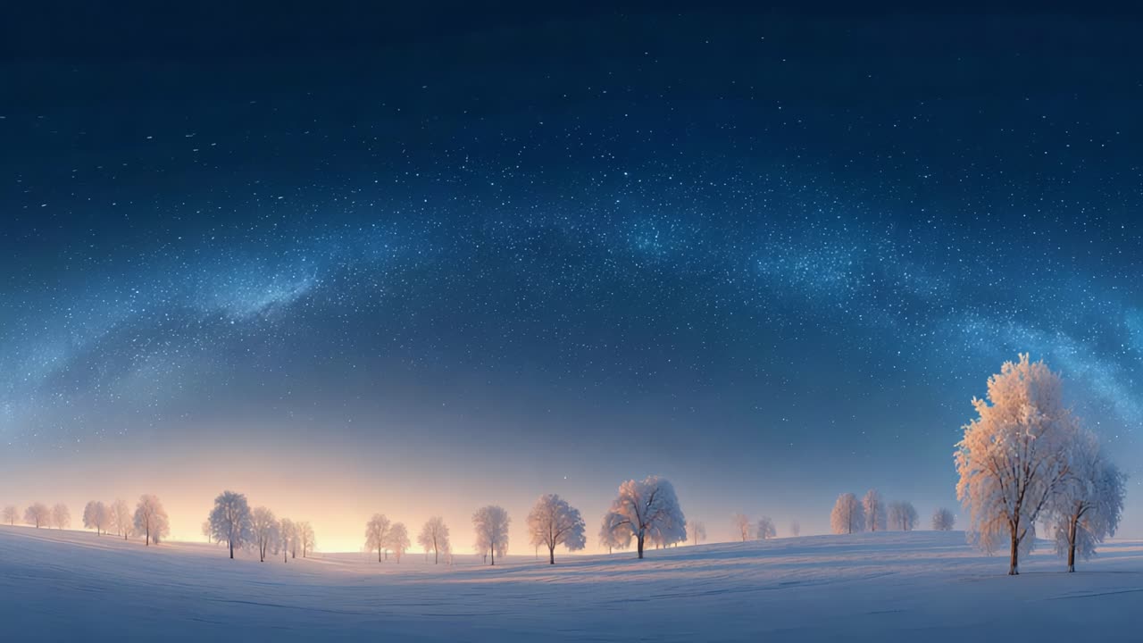 A Serene Winter Landscape Under a Starry Sky, Capturing the Tranquility of Snow-Blanketed Trees and the Dazzling Milky Way at Dawn's Arrival