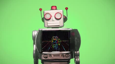 un robot retro con una cabeza giratoria y una codificación de mensajes