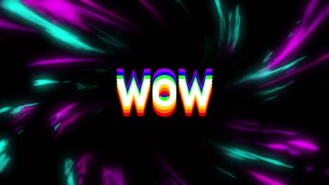 Animation of wow text banner over blue and purple digital waves against black background