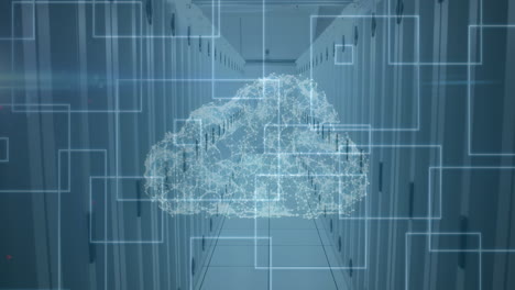 animation of digital cloud with squares over tech room with computer servers