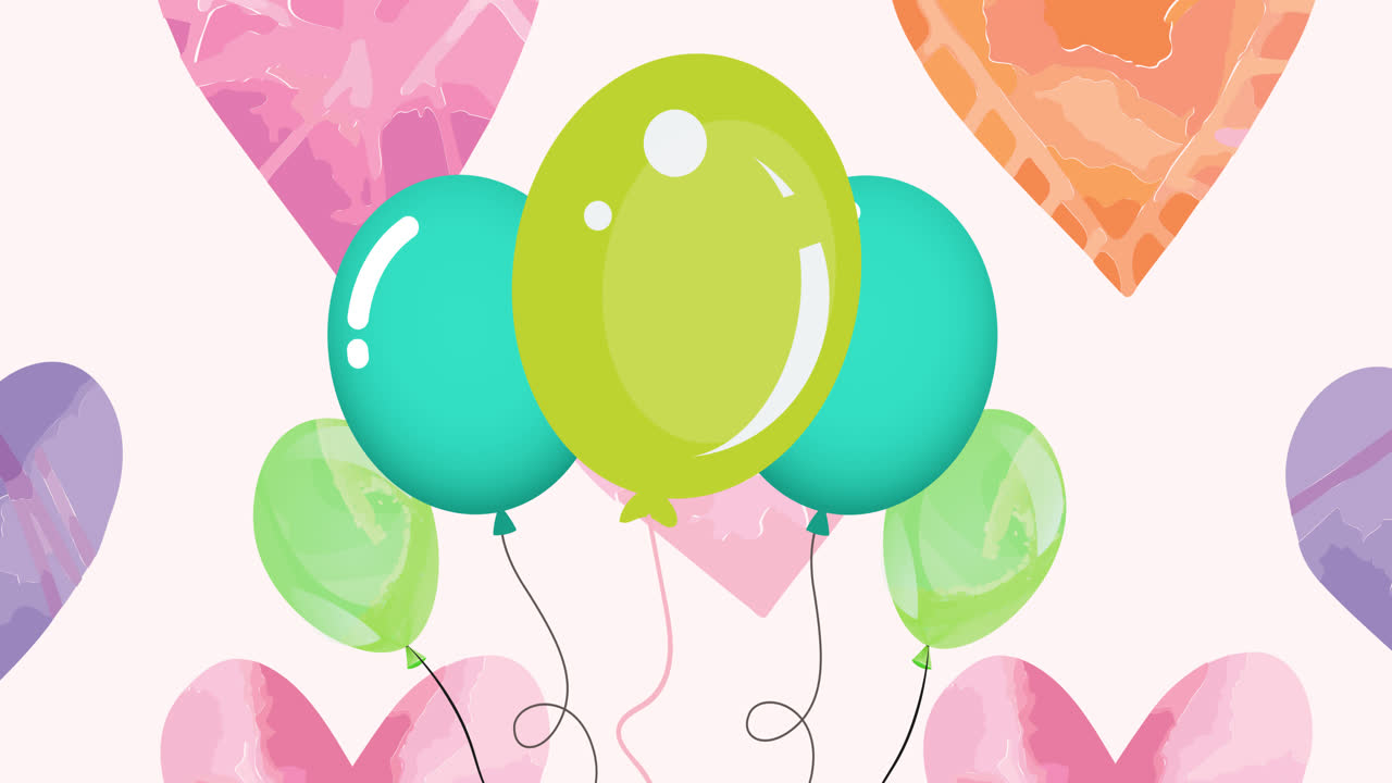 animación de globos verdes y corazones sobre un fondo rosado