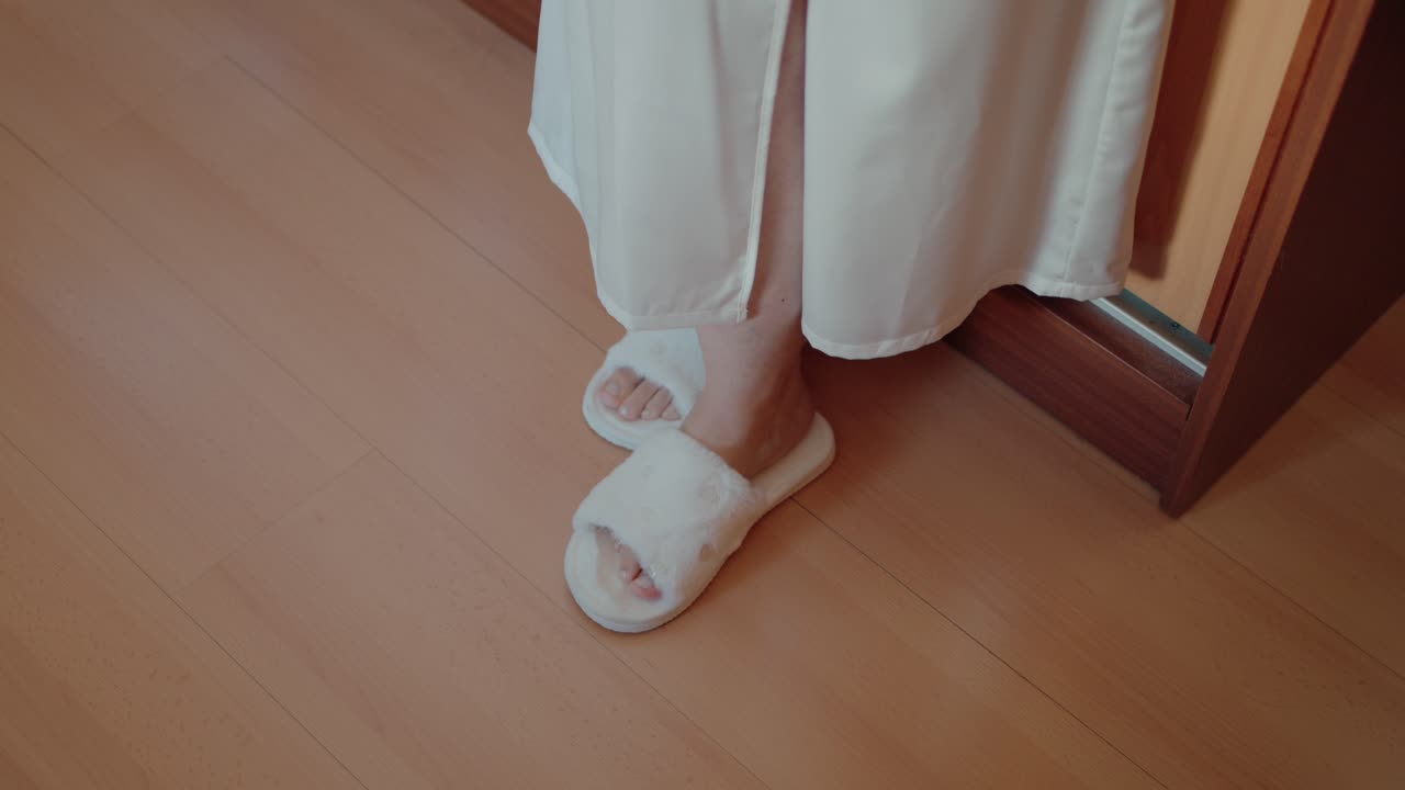 Bride in a white robe wearing soft, fluffy slippers on wooden flooring