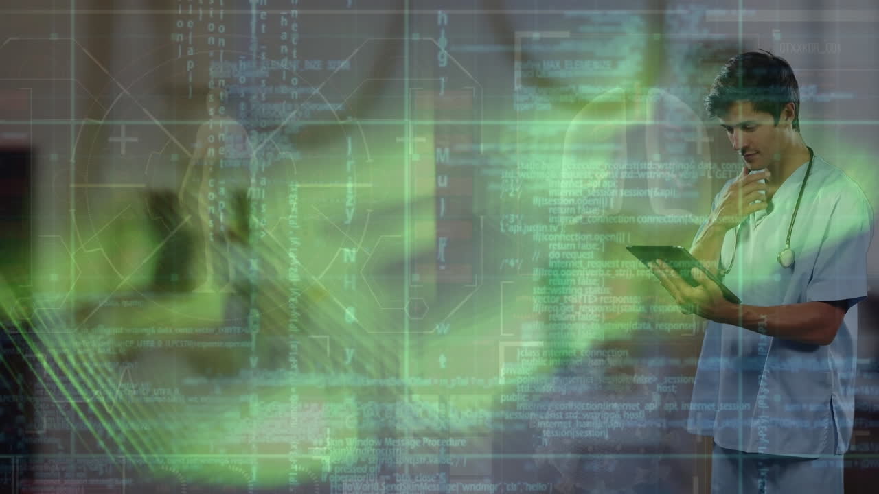 animación del procesamiento de datos sobre un médico caucásico usando una tableta