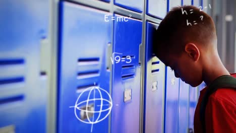 mathematical equations moving against boy leaning on a locker