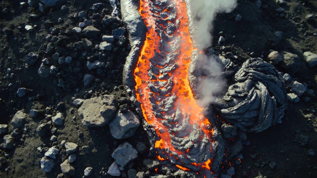Magma pushing molten lava channel advancing forming crust and steaming on volcanic field