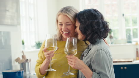 loving same sex mature female couple celebrating with glass of wine at home together