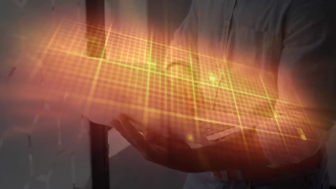 태블릿을 사용하는 의사 위에서 그리드에서 움직이는 밝은 노란색 불빛의 애니메이션