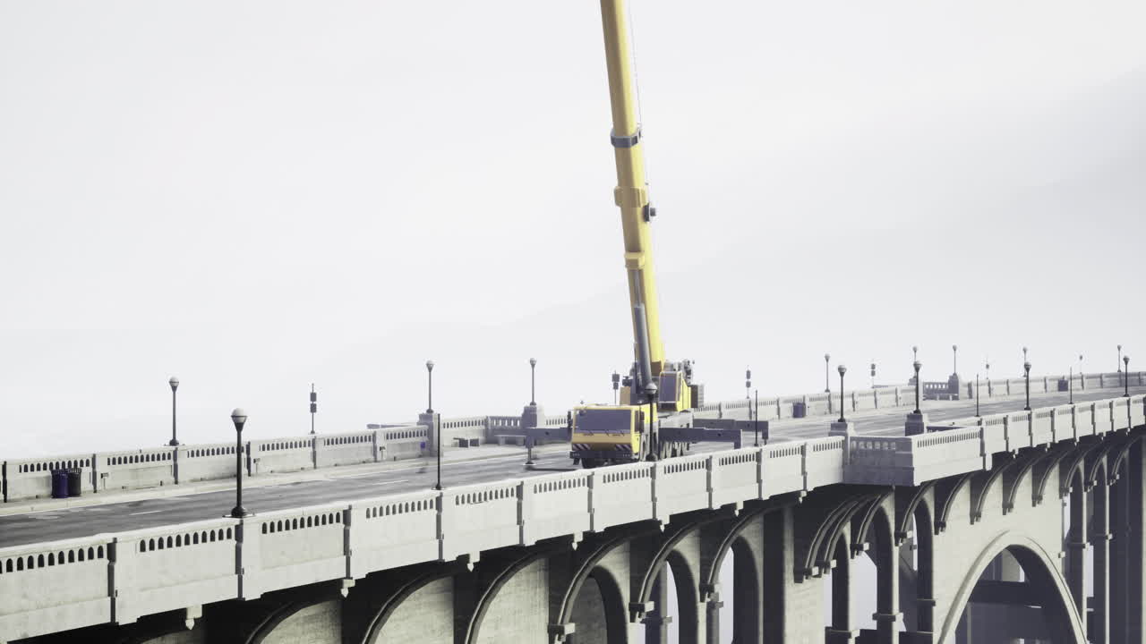Construction activity on a bridge under overcast sky with crane