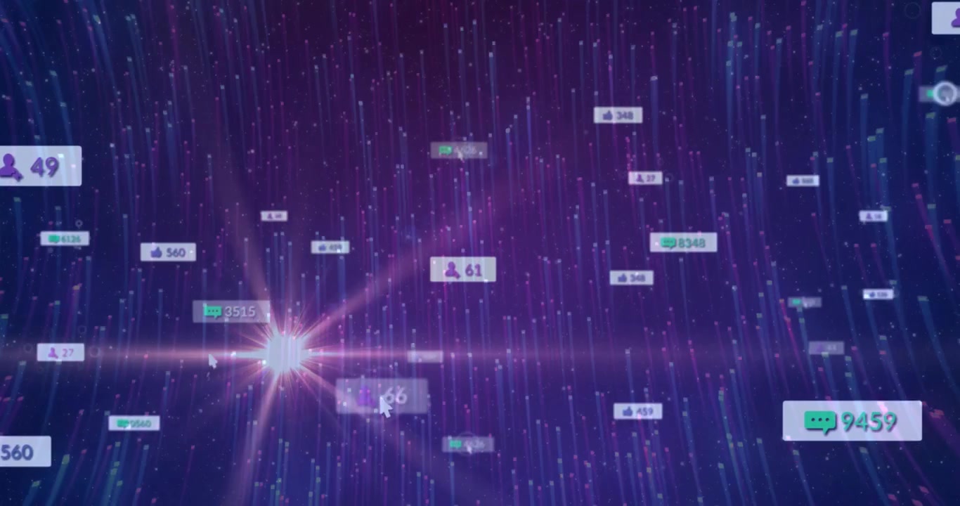 지표 레이블이 안쪽으로 이동하고, 커서가 채팅 수 위로 움직이며, 빛줄기가 휩쓸며 분석 데이터를 제시합니다.