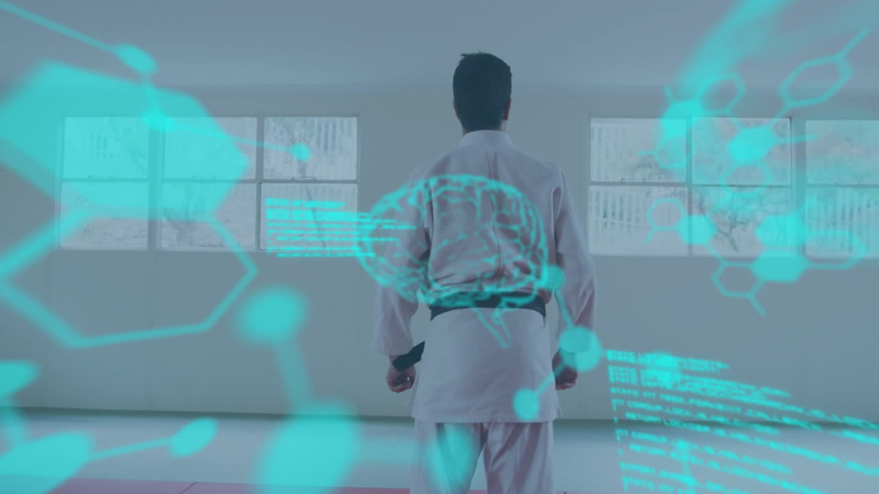 Scientific data processing animation over person in martial arts uniform