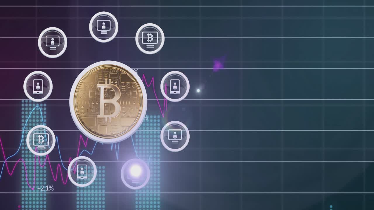bitcoin con una red de iconos sobre el procesamiento de datos financieros.