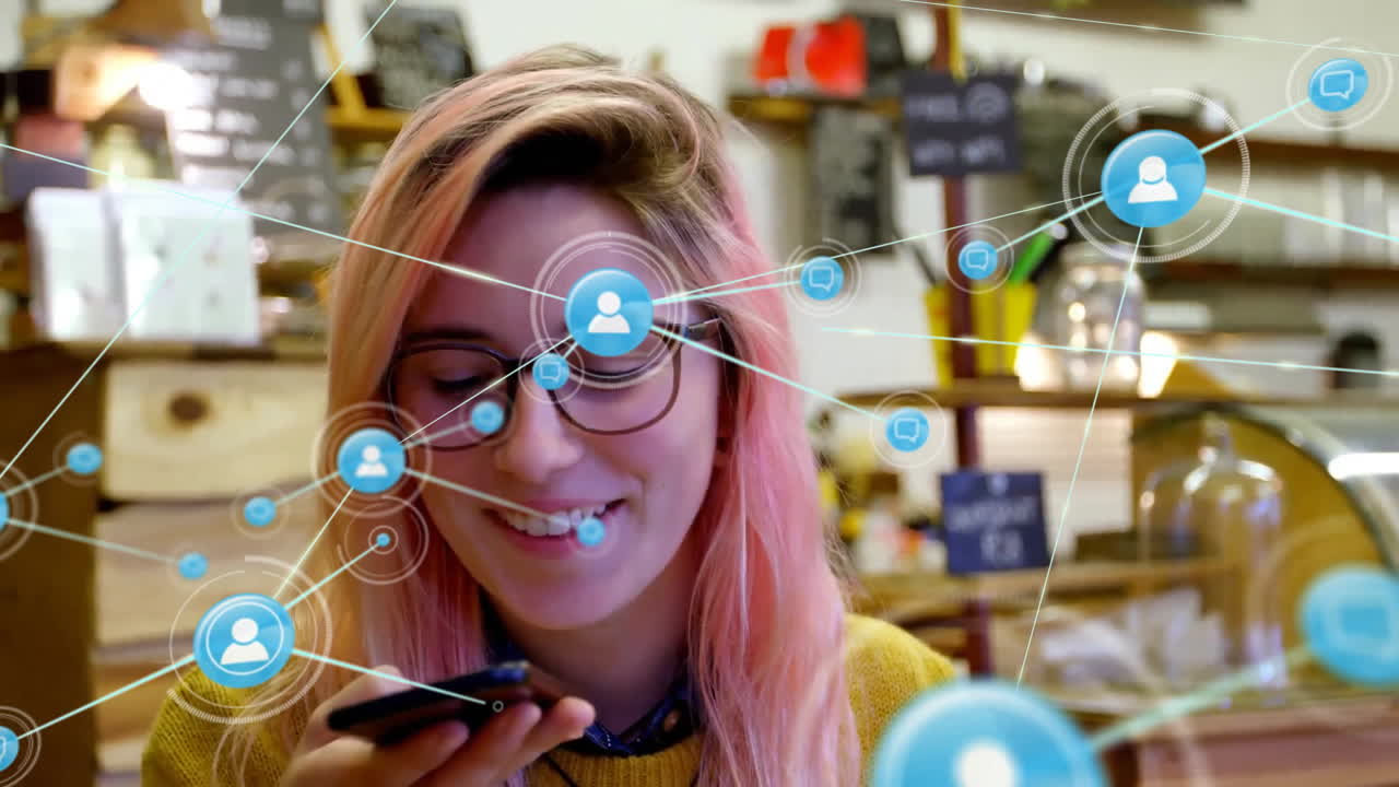 animación de la red de conexiones sobre mujer caucásica hablando en teléfono inteligente en la panadería