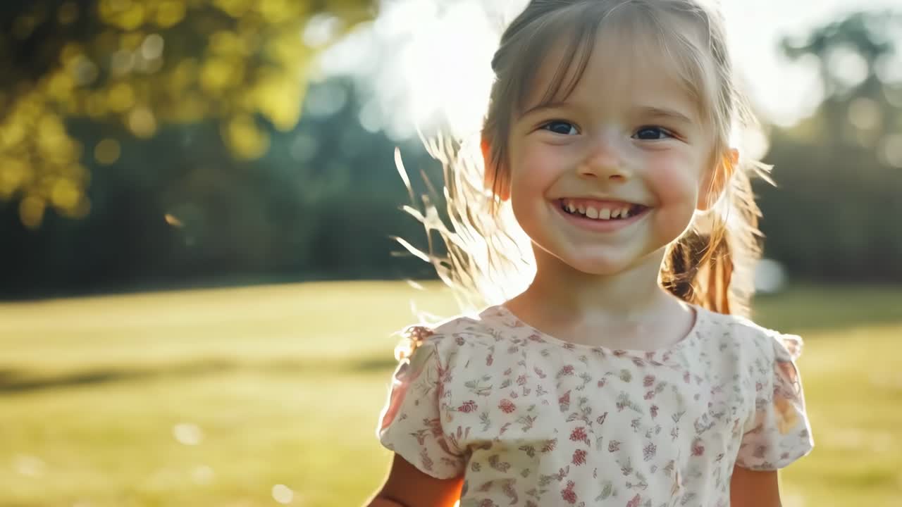 Uma criança alegre em um parque ensolarado, capturada em close-up, em um ângulo ao nível dos olhos