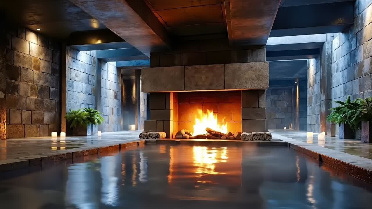 A fireplace in the middle of a room with a pool of water