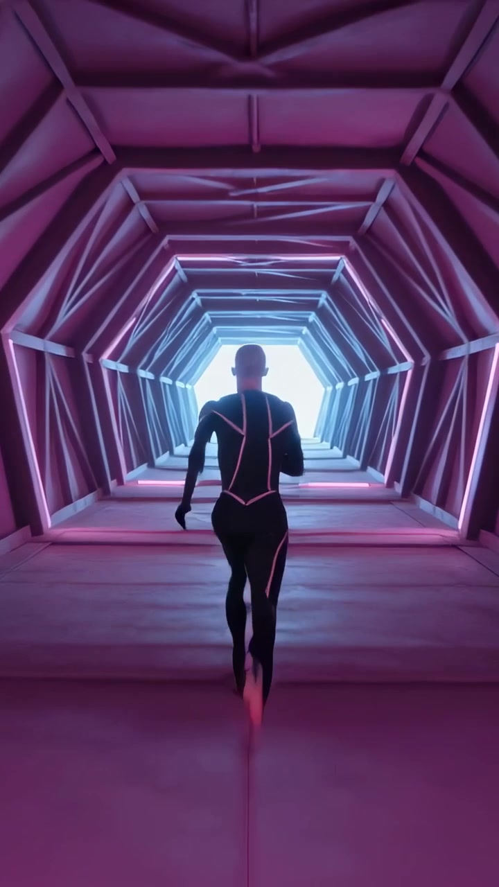 Video verticale: Atleta che corre, attratto da un'uscita luminosa attraverso un tunnel esagonale al neon, con una tuta dai profili LED