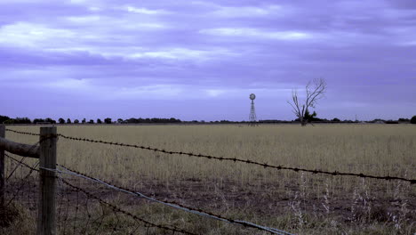 tierras agrícolas afectadas por la sequía con un molino de viento y un árbol en el fondo