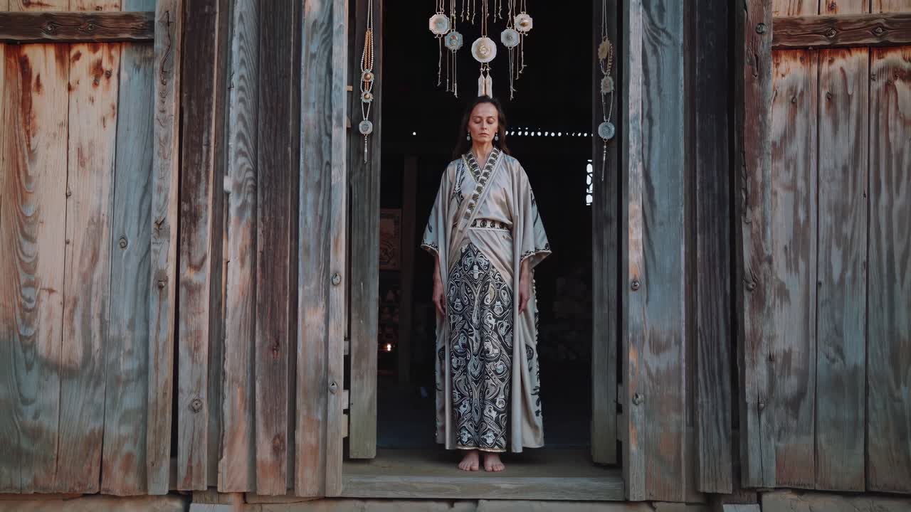Young woman wearing traditional japanese kimono practicing mindfulness standing at the entrance of an old wooden house with dream catchers hanging above the doorway