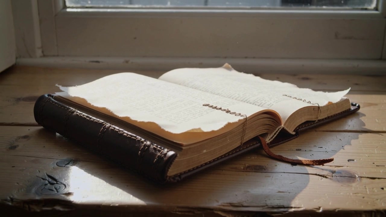 Pulling back camera revealing leather book open on window sill, bookmark draping, light shifting