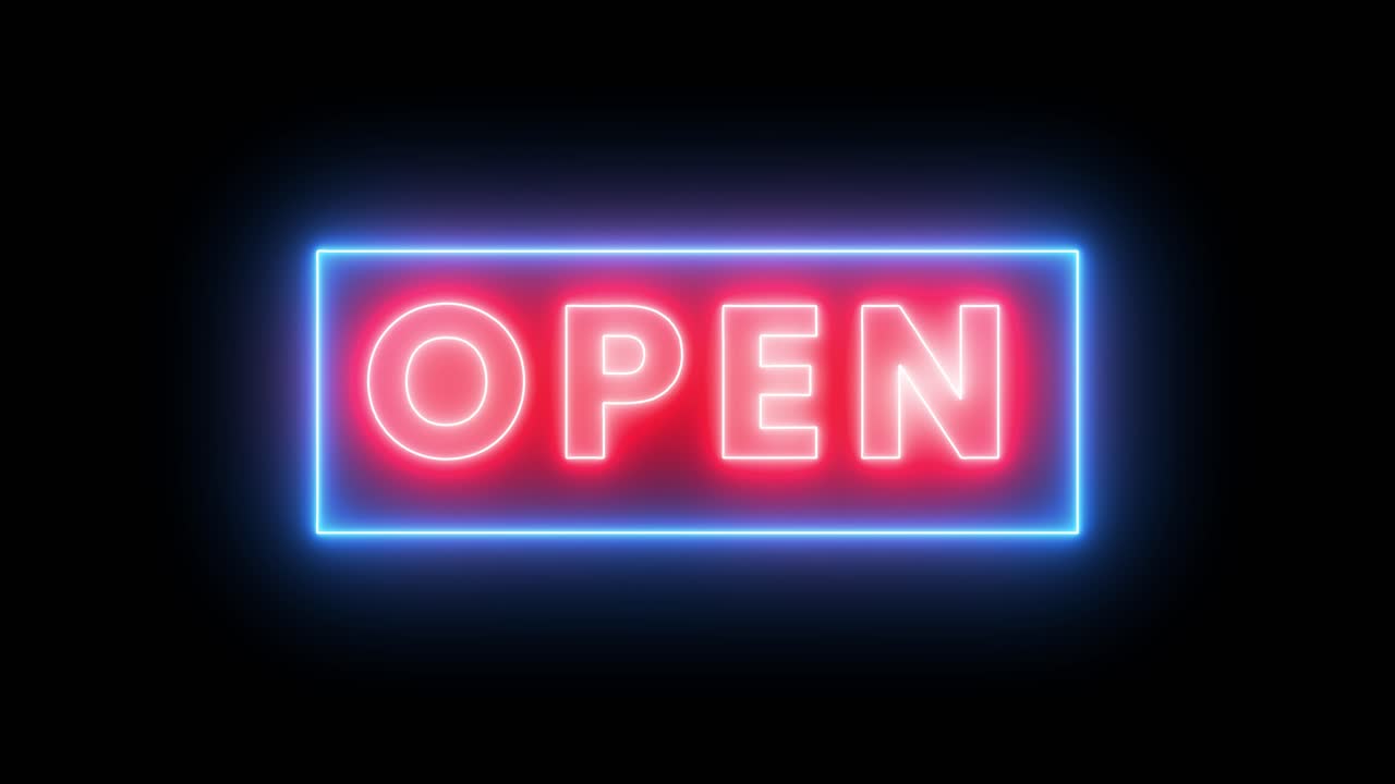 Glowing neon open sign flashing light animation isolated on black background