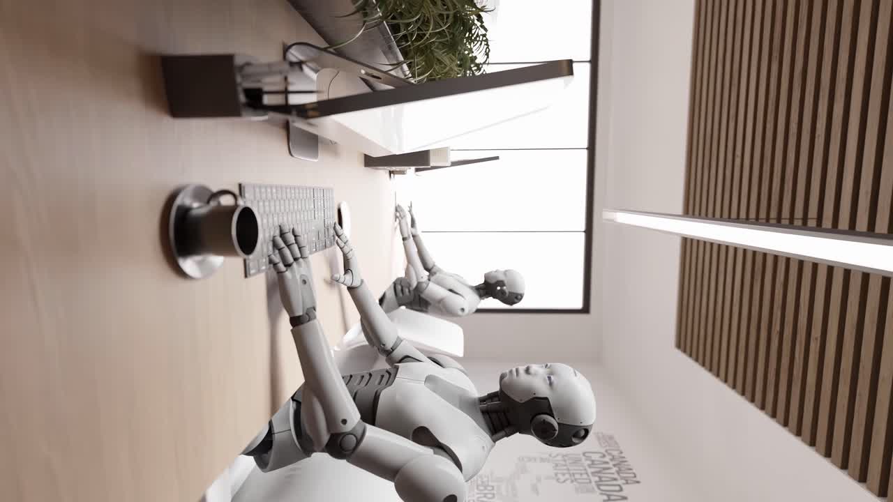 animación de renderizado 3d de robot humanoide sentado en la oficina mientras conversa con el cliente en el sitio web y ayuda a cuidar animación 3d de renderizado de chatbot con teclado de interfaz hud