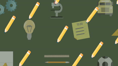 animation of repeated yellow pencils moving over green with school equipment icons