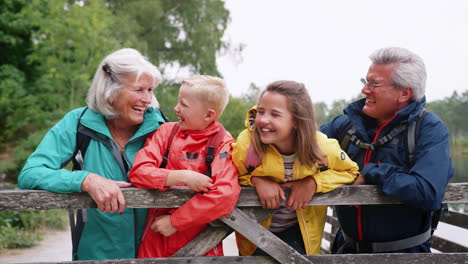 grandparents and grandchildren leaning on a wooden fence in the countryside laughing, lake district, uk