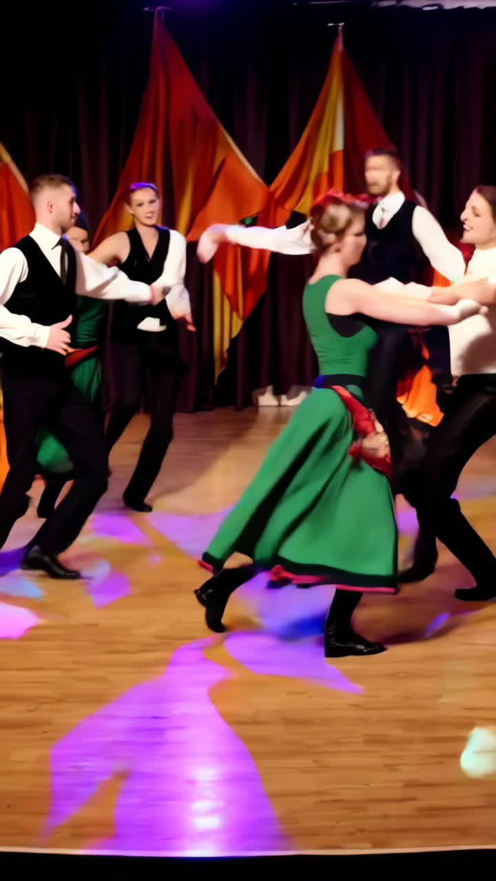 Energetic Folk Dance Performance on Stage with Colorful Backdrops